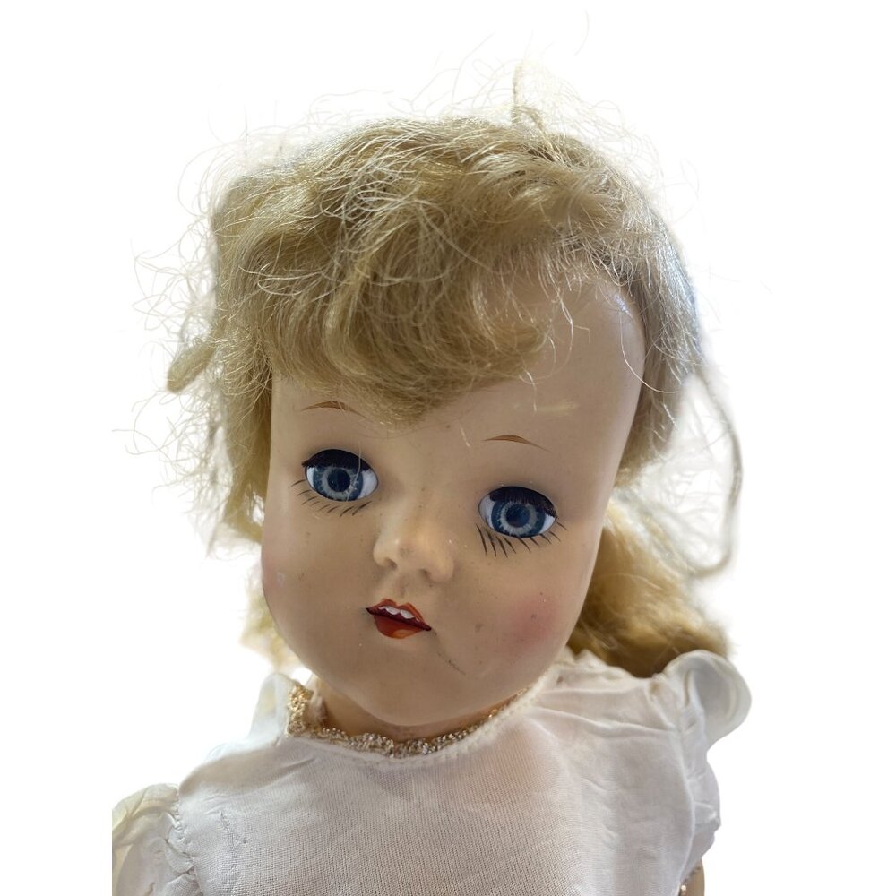 Antique Composition Doll White Dress Blue Eyes - Picture 2 of 9
